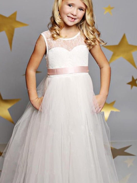 Tulle Floor-Length Scoop Sleeveless A-Line/Princess Sash/Ribbon/Belt Flower Girl Dresses