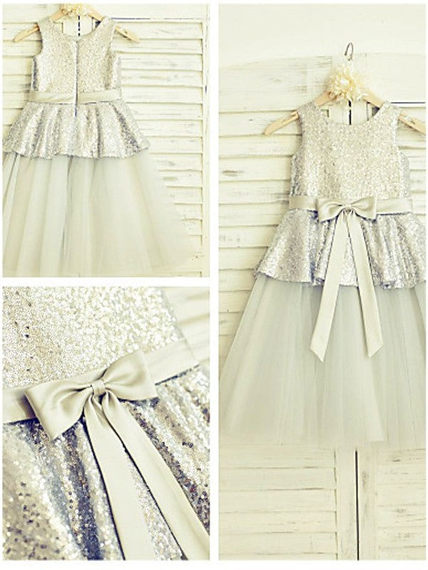 Sleeveless Tulle Sequin A-line/Princess Scoop Tea-Length Flower Girl Dresses