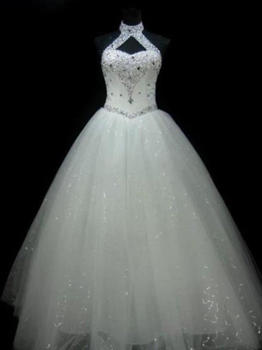 Halter Ball Beading Gown Sequin Floor-Length Sleeveless Tulle Wedding Dresses