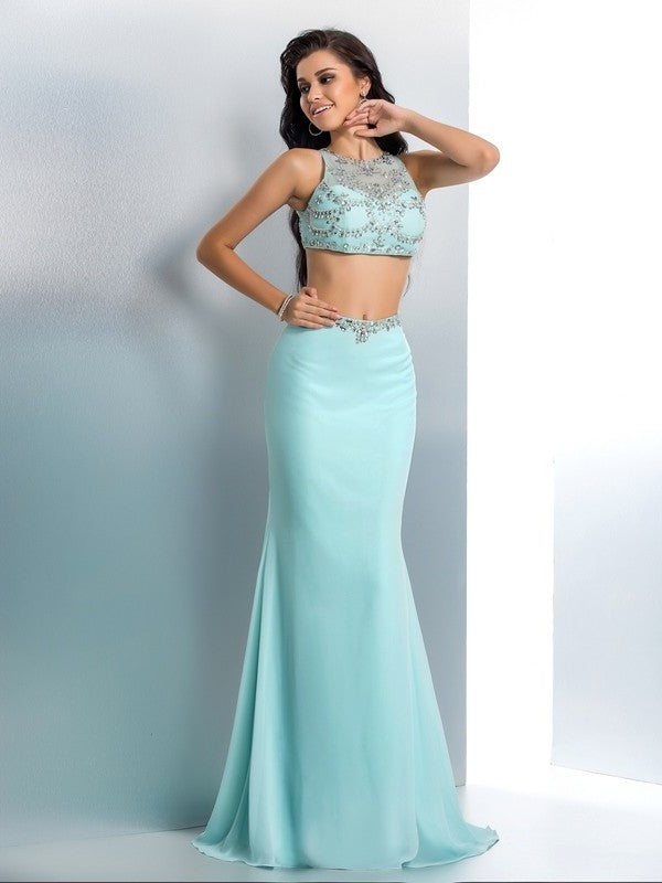 Beading Sleeveless Chiffon Trumpet/Mermaid Long Scoop Two Piece Dresses