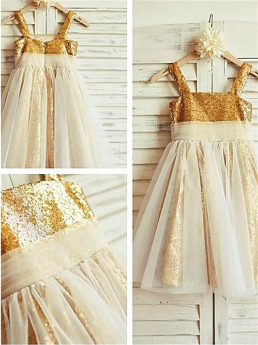 Tea-Length Spaghetti Ruffles Straps Sequins A-line/Princess Sleeveless Flower Girl Dresses