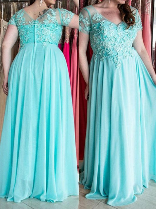 Short Sweetheart Chiffon A-Line/Princess Applique Sleeves Floor-Length Plus Size Dresses