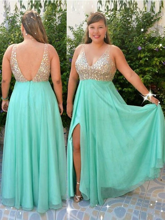 V-neck A-Line/Princess Sleeveless Chiffon Beading Floor-Length Plus Size Dresses