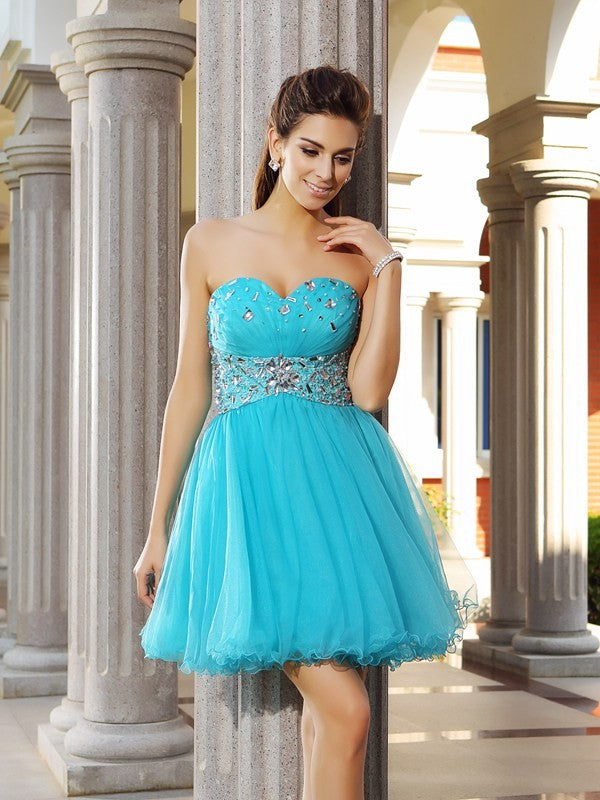 A-Line/Princess Sweetheart Laila Ruffles Sleeveless Short Satin Cocktail Homecoming Dresses Dresses