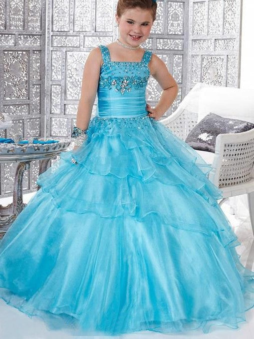 Gown Sleeveless Straps Organza Long Beading Ball Flower Girl Dresses