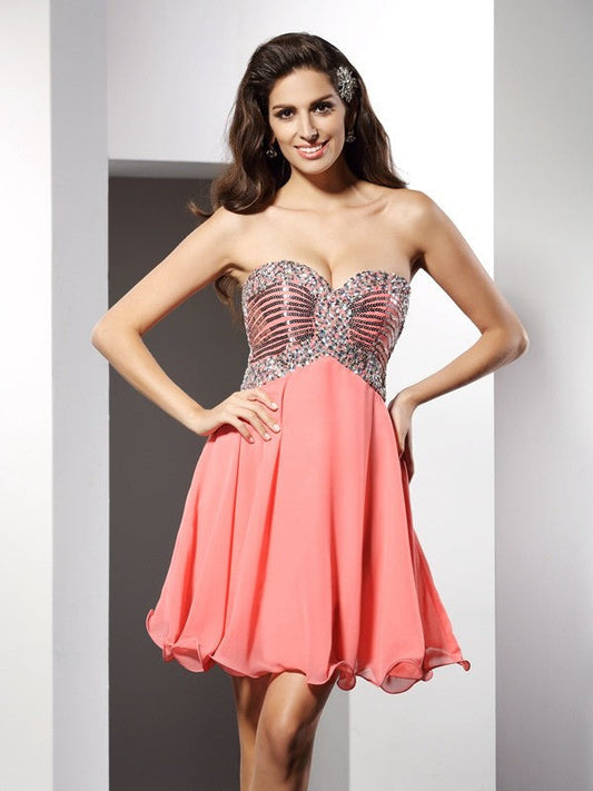 Homecoming Dresses A-Line/Princess Sweetheart Beading Sleeveless Short Chiffon Cocktail Esmeralda Dresses