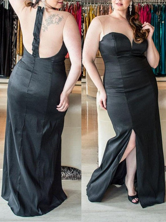 Sweetheart Floor-Length Sleeveless Ruched Woven Elastic Satin Sheath/Column Plus Size Dresses