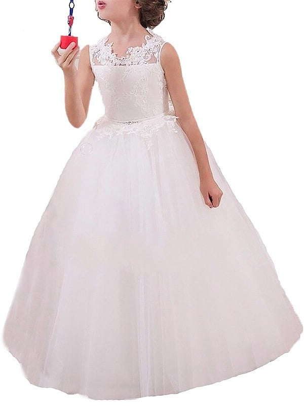 Gown Tulle Jewel Applique Ball Floor-Length Sleeveless Flower Girl Dresses