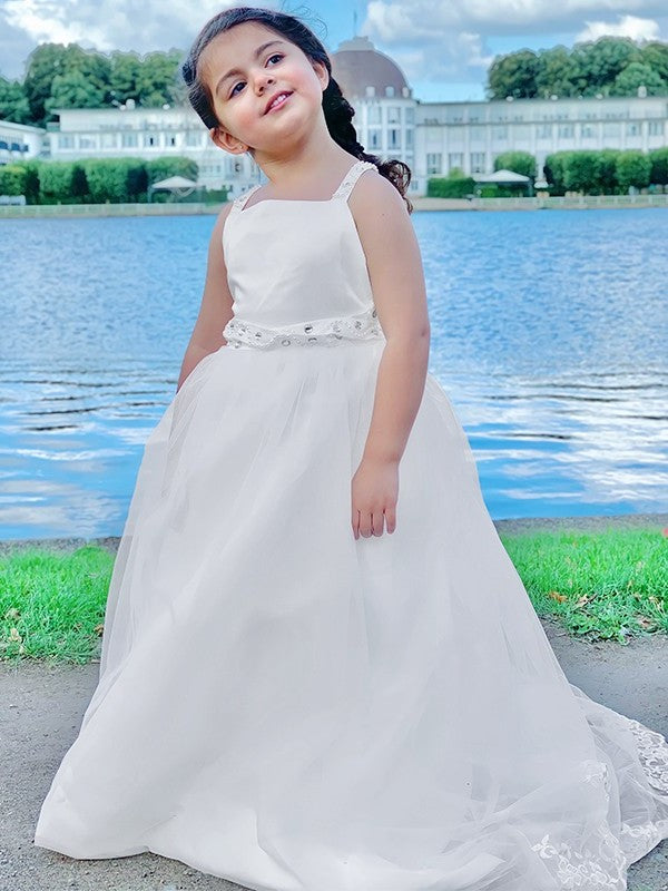 A-Line/Princess Spaghetti Tulle Sleeveless Straps Sweep/Brush Train Beading Flower Girl Dresses