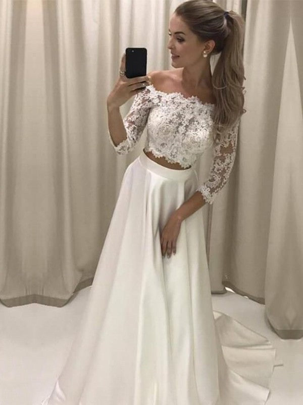 Off-the-Shoulder Sleeves 3/4 A-Line/Princess Sweep/Brush Lace Train Satin Wedding Dresses