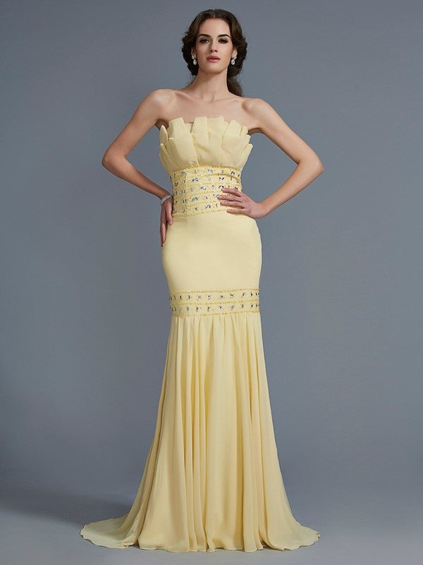 Strapless Beading Sleeveless Trumpet/Mermaid Long Chiffon Dresses