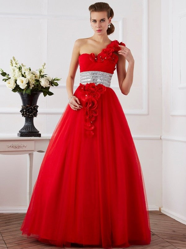 Sleeveless Long Gown One-Shoulder Flower Hand-Made Ball Net Quinceanera Dresses