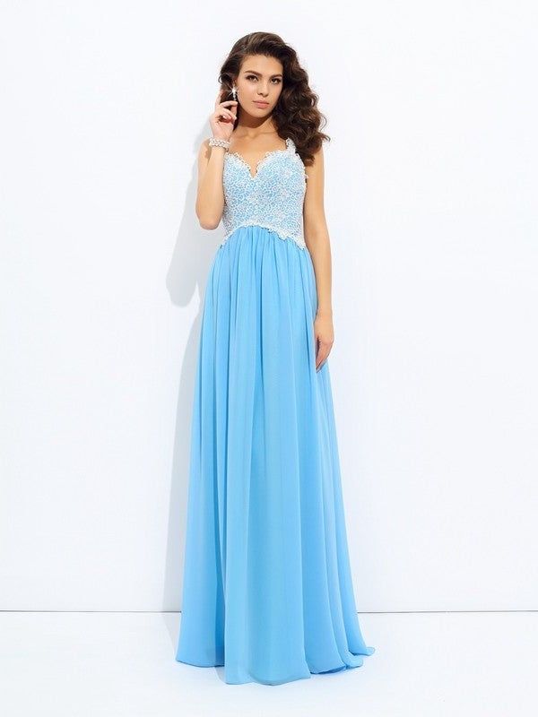 Sleeveless A-Line/Princess V-neck Lace Long Chiffon Dresses