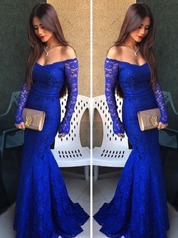 Long Off-the-Shoulder Lace Trumpet/Mermaid Sleeves Sweep/Brush Train Dresses