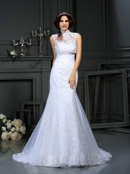 Sweetheart Lace Long Sleeveless Trumpet/Mermaid Satin Wedding Dresses