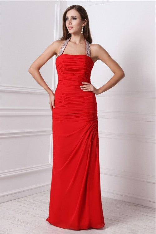 Beading Halter Sleeveless Sheath/Column Long Chiffon Dresses