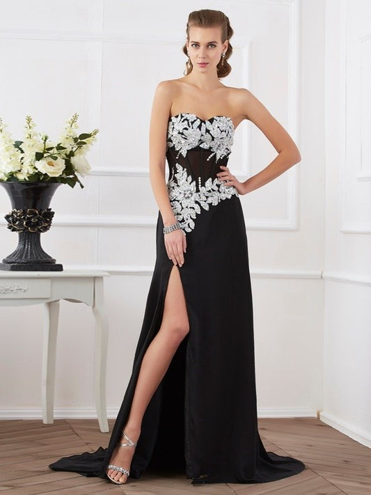 Applique Sweetheart Sleeveless Sheath/Column Beading Long Chiffon Dresses