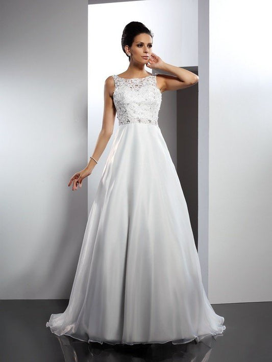 Ruffles A-Line/Princess Scoop Long Sleeveless Satin Wedding Dresses