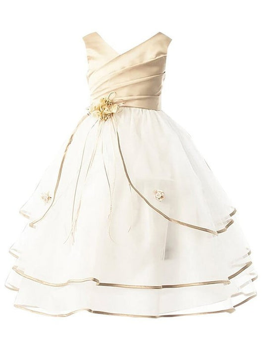 Sleeveless A-line/Princess Tulle V-neck Ankle-Length Flower Girl Dresses