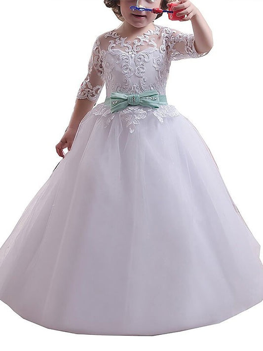 Floor-Length Gown Sleeves Lace 1/2 Ball Tulle Jewel Flower Girl Dresses