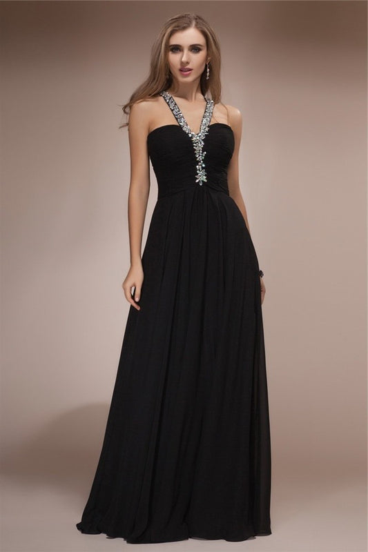 Halter Sleeveless Sheath/Column Long Beading Chiffon Dresses