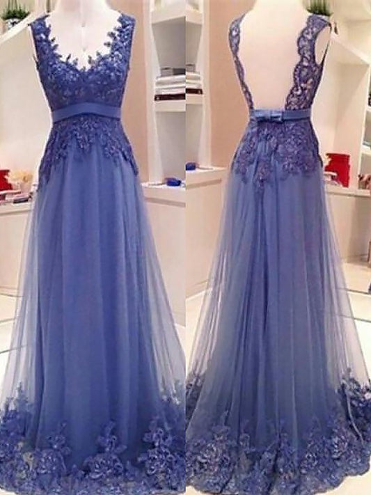 V-neck Tulle Sleeveless A-Line/Princess Applique Floor-Length Dresses