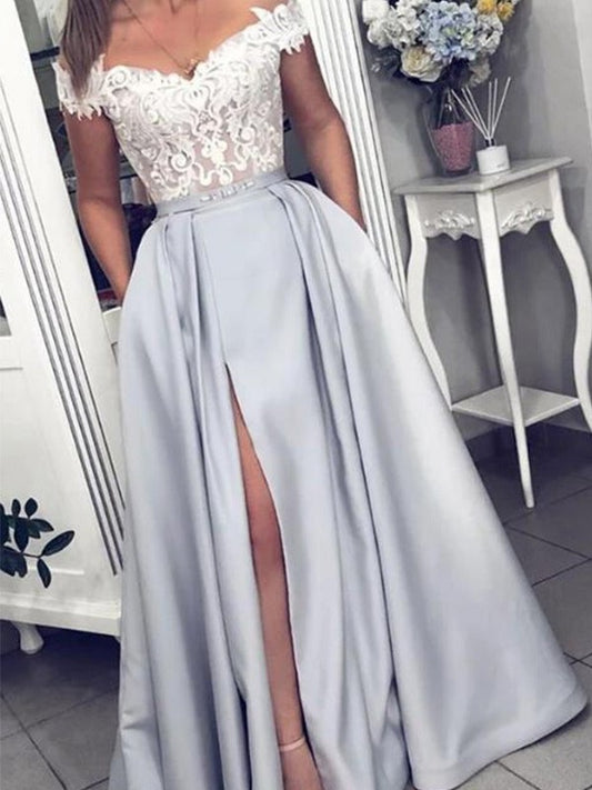 Lace Satin Sleeveless A-Line/Princess Off-the-Shoulder Floor-Length Dresses