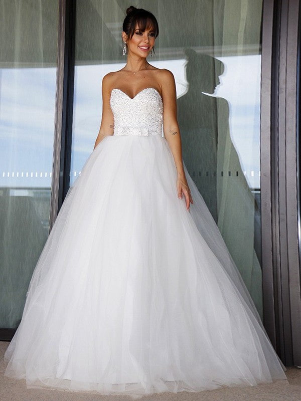 Sweetheart Sleeveless Ball Tulle Gown Bowknot Floor-Length Wedding Dresses