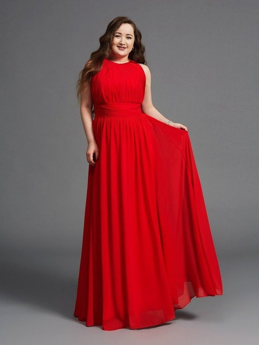 Chiffon Long Jewel A-Line/Princess Sleeveless Ruched Plus Size Dresses