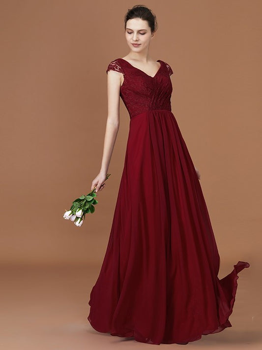 Ruched Sleeves Short A-Line/Princess Lace Chiffon V-neck Floor-Length Bridesmaid Dresses