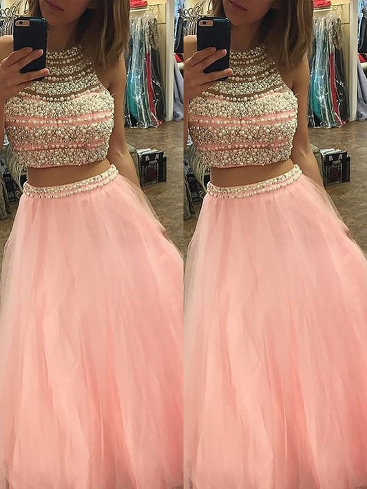 Sleeveless Halter Beading Tulle A-Line/Princess Floor-Length Two Piece Dresses