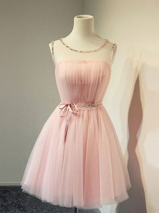 A-Line/Princess Beading Tulle Sleeveless Scoop Short/Mini Homecoming Dresses