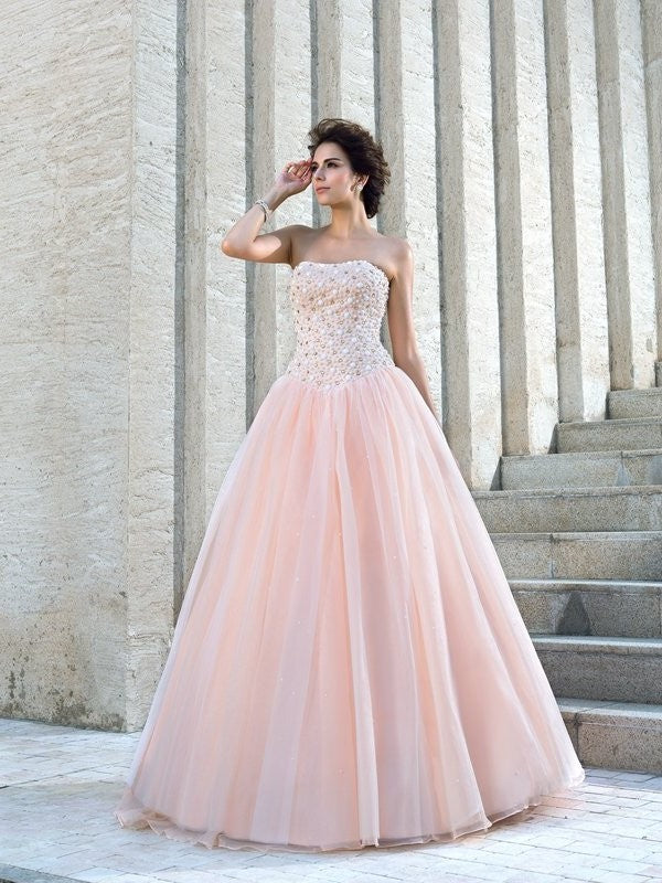 Sleeveless Ball Strapless Long Gown Beading Satin Wedding Dresses