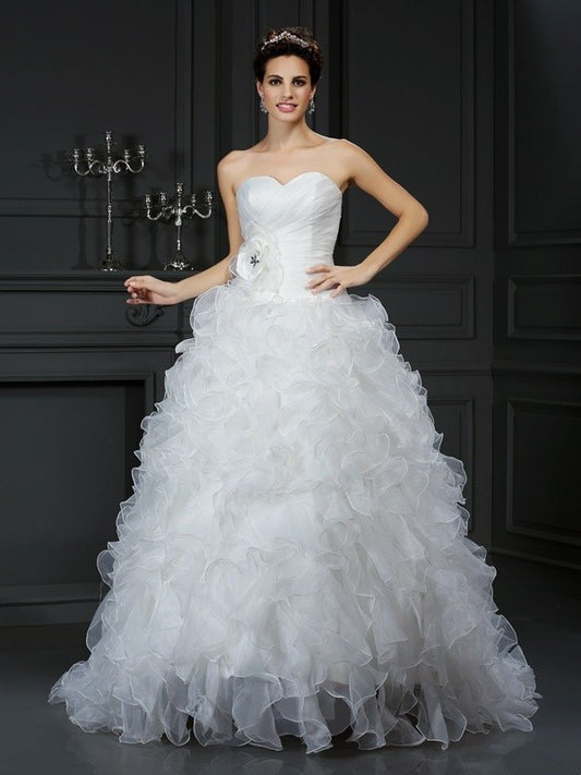 Flower Hand-Made Sweetheart Sleeveless Long Ball Gown Organza Wedding Dresses