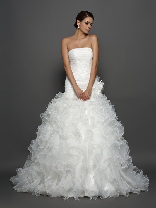 Long Ball Gown Hand-Made Strapless Sleeveless Flower Organza Wedding Dresses