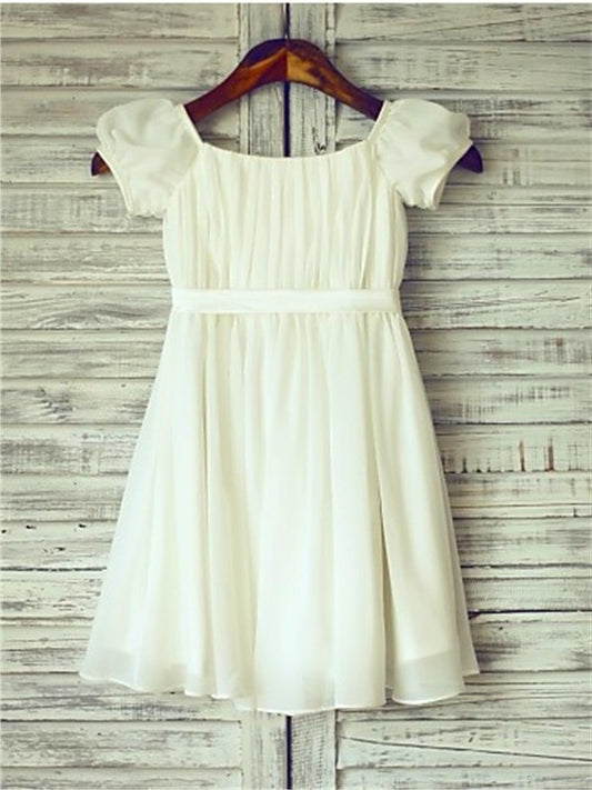 A-line/Princess Sleeves Ruched Short Tea-Length Chiffon Square Flower Girl Dresses