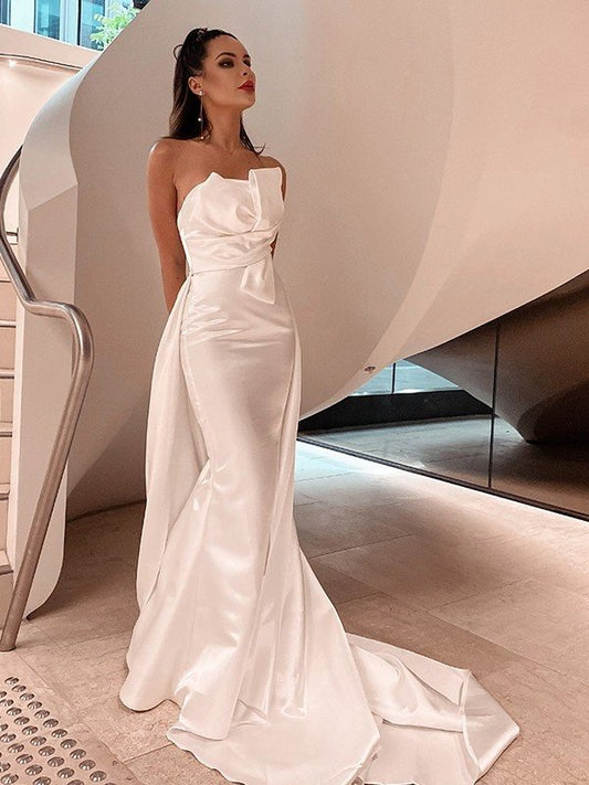 Ruched Court A-Line/Princess Strapless Sleeveless Satin Train Wedding Dresses