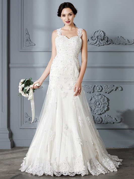 Sweetheart Court Sleeveless Trumpet/Mermaid Lace Train Wedding Dresses