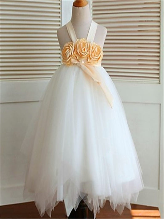 Tea-Length Gown Tulle Hand-made Flower Ball Straps Sleeveless Flower Girl Dresses