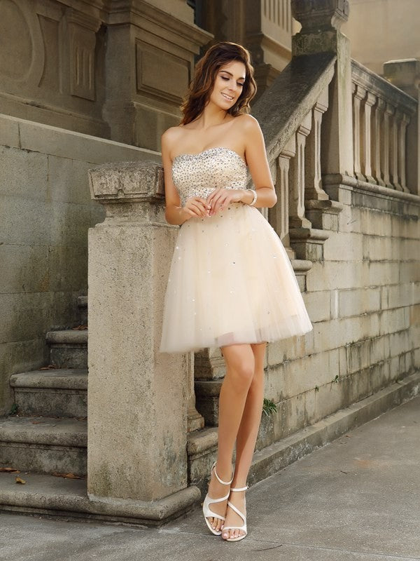 A-Line/Princess Strapless Beading Sleeveless Short Satin Londyn Cocktail Dresses Homecoming Dresses