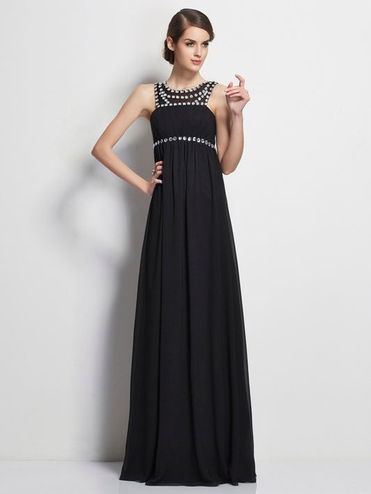 Sheath/Column Sleeveless High Beading Neck Long Chiffon Dresses