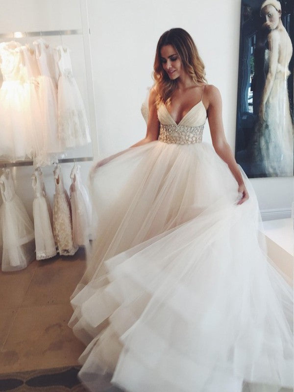 Court Spaghetti Gown Train Sleeveless Ball Crystal Straps Tulle Wedding Dresses