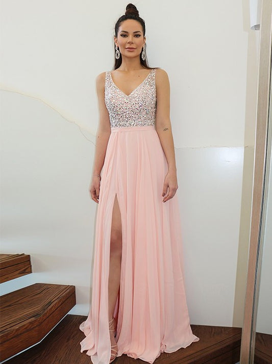 Sleeveless Beading Straps A-Line/Princess Chiffon Floor-Length Dresses