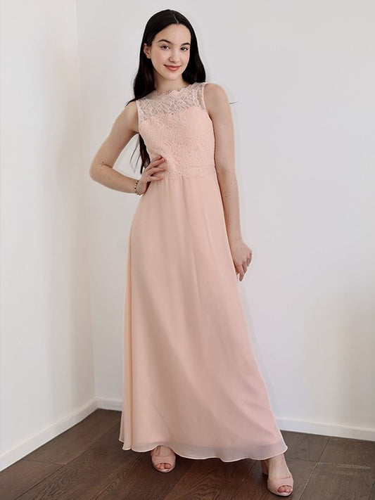 A-Line/Princess Floor-Length Lace Chiffon High Sleeveless Neck Junior/Girls Bridesmaid Dresses