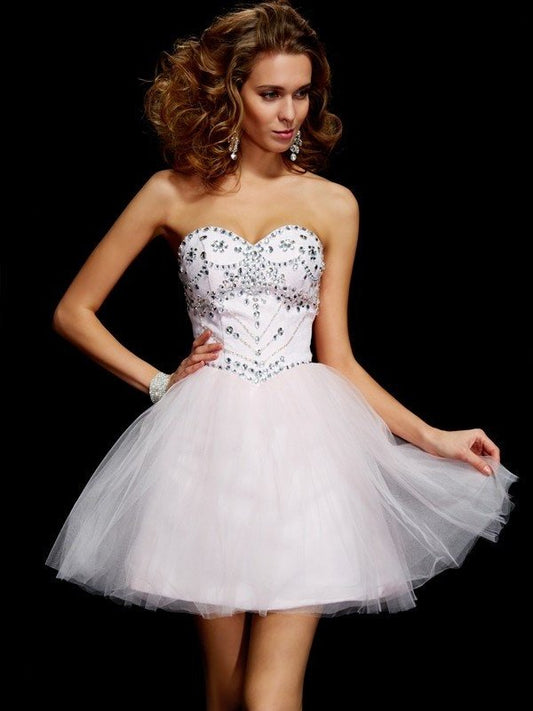 A-Line/Princess Short Sweetheart Beading Sleeveless Organza Homecoming Dresses