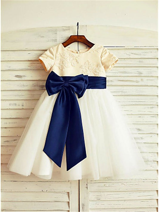 Scoop Tea-Length Short Sleeves A-line/Princess Tulle Bowknot Flower Girl Dresses