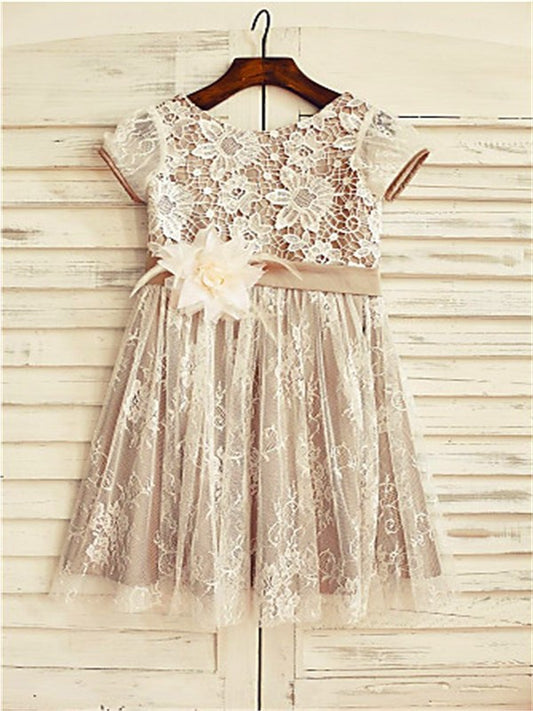 Short Scoop Sleeves Lace A-line/Princess Hand-made Flower Tea-Length Flower Girl Dresses