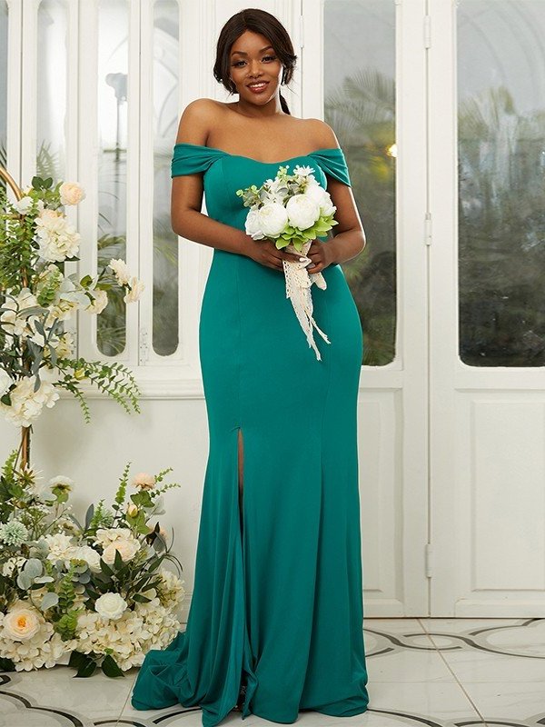 Sleeveless Ruffles Sheath/Column Jersey Sweep/Brush Off-the-Shoulder Train Bridesmaid Dresses