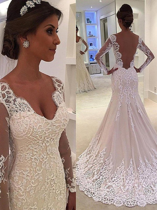 Court Train Sleeves Long Trumpet/Mermaid V-neck Lace Wedding Dresses