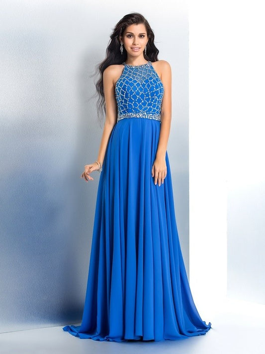 A-Line/Princess Beading Long Scoop Sleeveless Chiffon Dresses